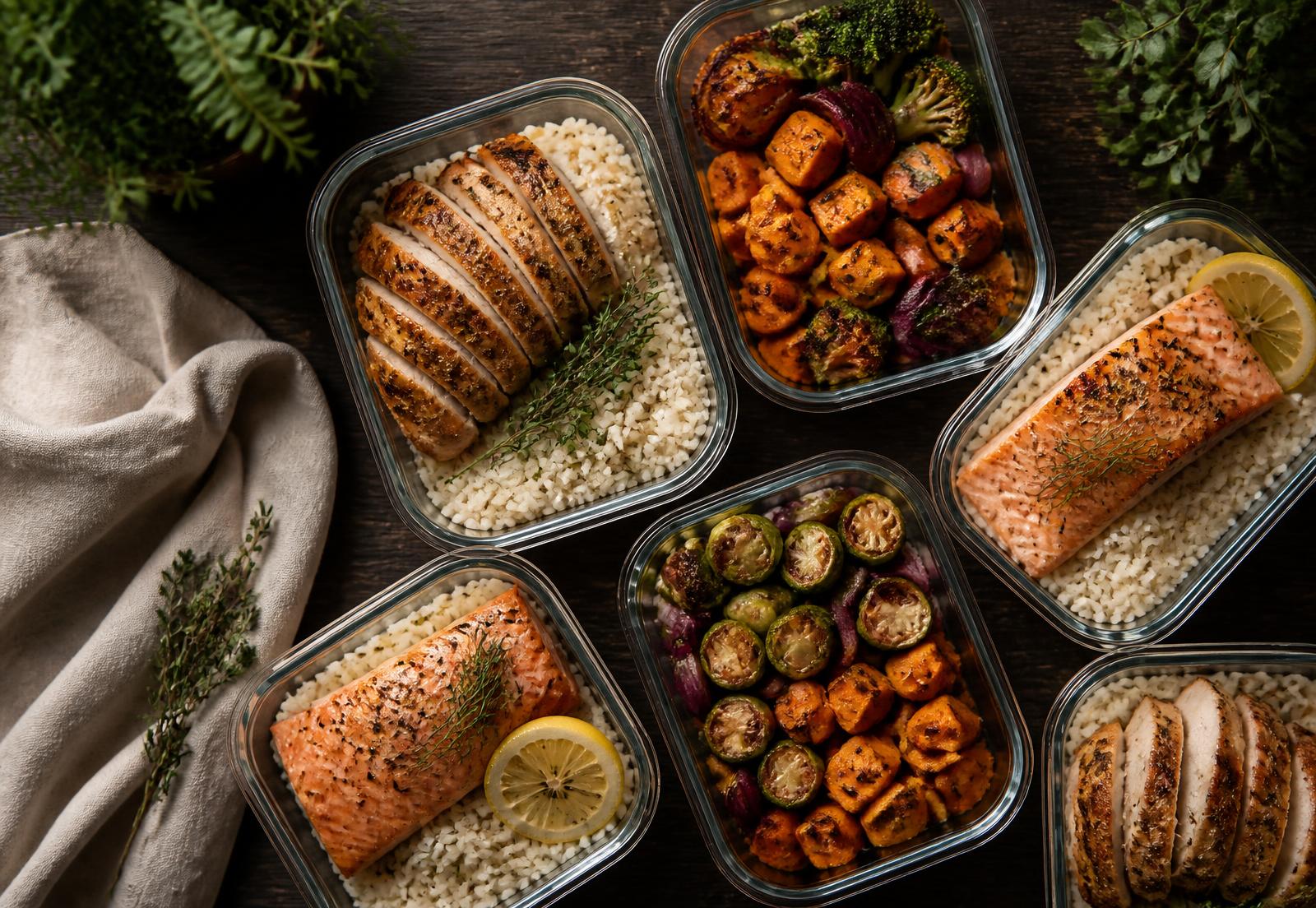 Meal prep containers with roasted chicken, salmon, rice and vegetables